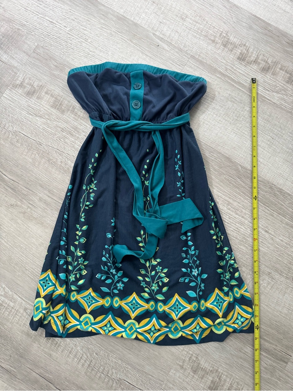725 Originals Strapless Boho Floral Dress Size M Teal Navy Belted